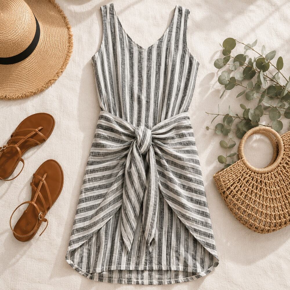 Drew Linen Morgan Dress Gray Black Striped Wrap Knot Front Cottage Medium